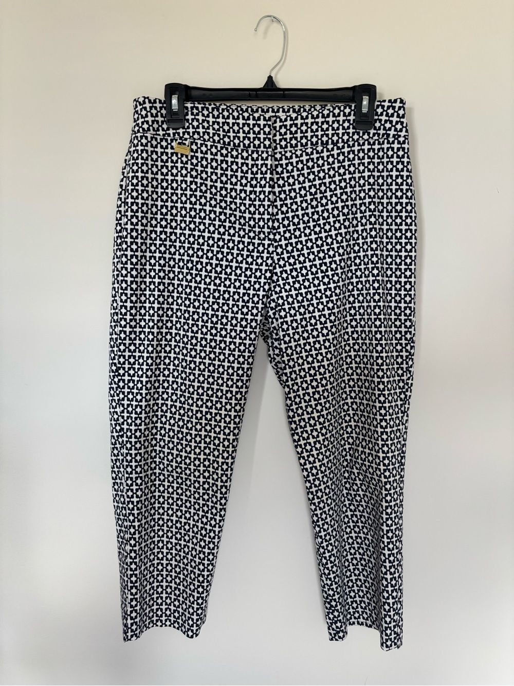 Chico's Kaari Blue Cropped Ankle Office Pants Geometric Print Navy White Size 10